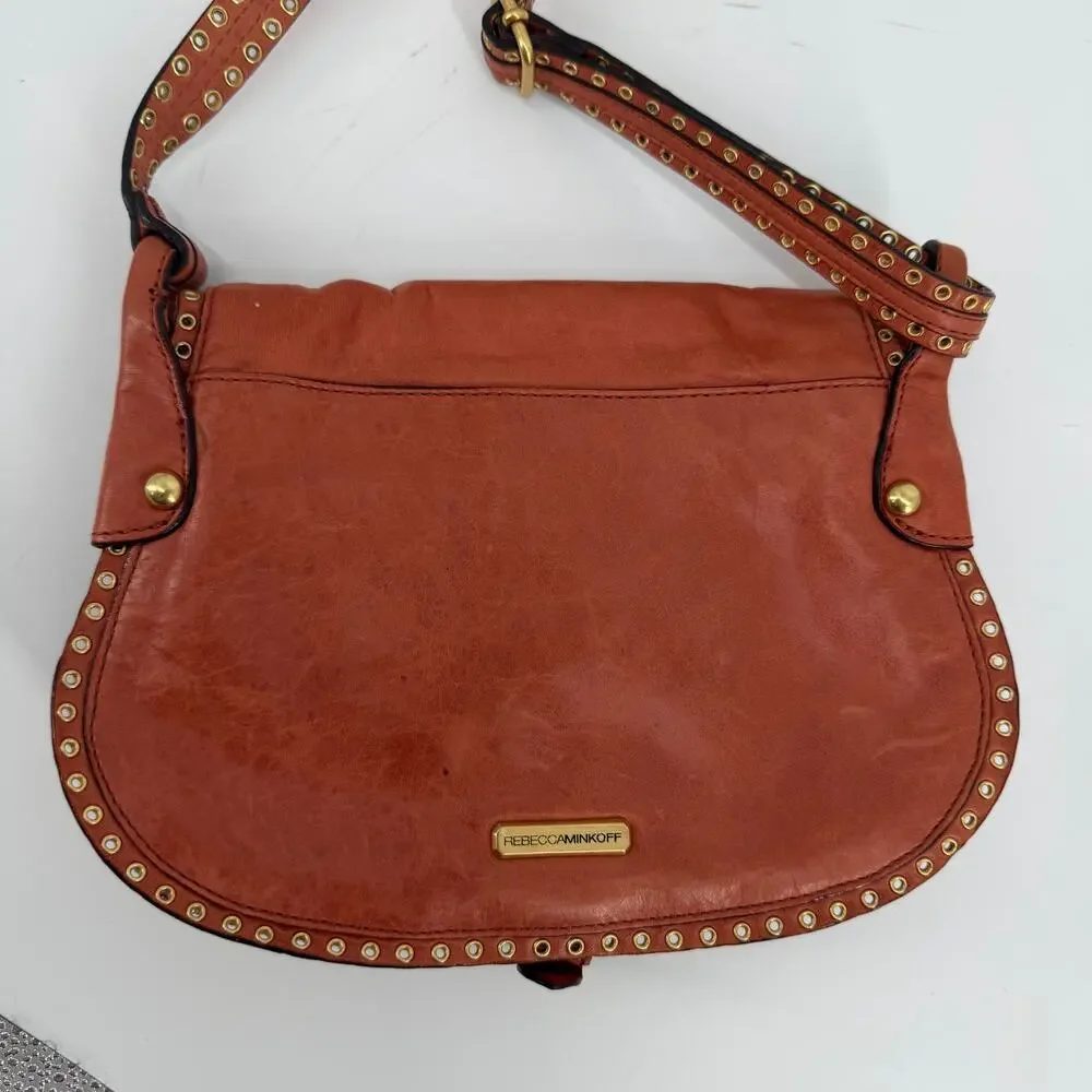 VTG Burnt Orange Leather Studded Crossbody Bag Boho Saddle Purse Rebecca Minkoff